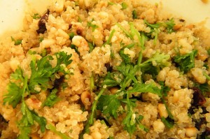 Quinoa and pine nuts, garlic, and raisins
